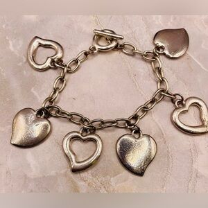 SilverTone Heart Charm Toggle Bracelet. 8 inches. Chunky